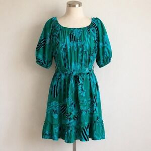Boho Flowy Dress 16 Teal Floral Cottagecore Romantic Tiered Belted Coastal Chic